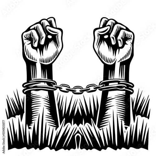 Chained hands in defiance a black and white illustration