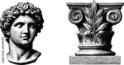 Classic art elements: engraved marble bust and column design for decorative use