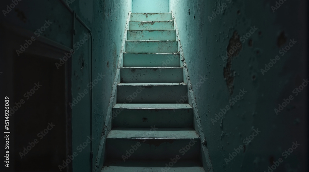 Fototapeta premium Staircase leading to illuminated exit in worn, textured hallway 