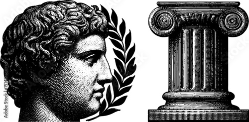 Classical marion bust and ionic column engraving for historical art and design