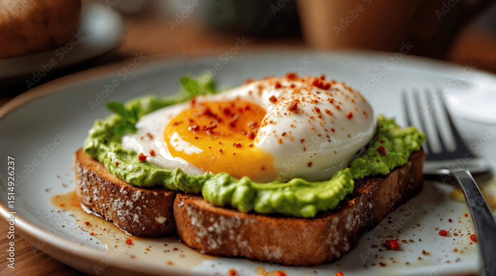 Toast with avocado and poached egg garnished with spices Toast with avocado and poached egg garnished with spices