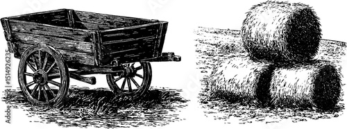 Rustic meadow scene with wooden cart and stacked hay bales engraving