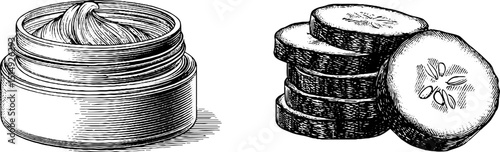 Engraved skincare illustration set featuring moisturizer jar with cucumber slices