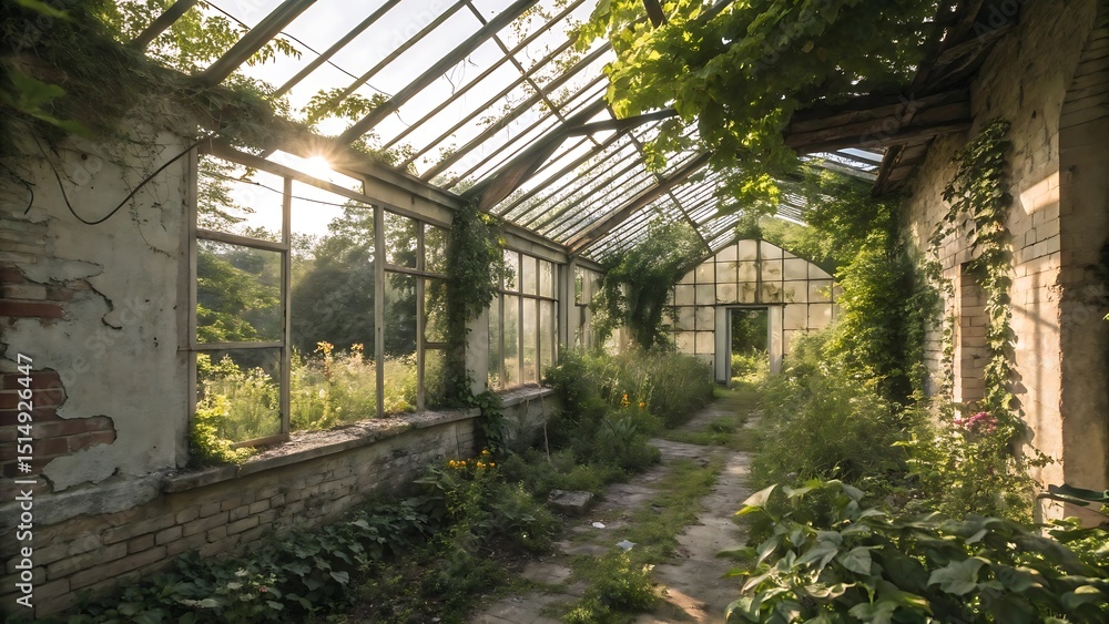 sunlit greenhouse ruin with overgrown garden sunlit greenhouse ruin with overgrown garden