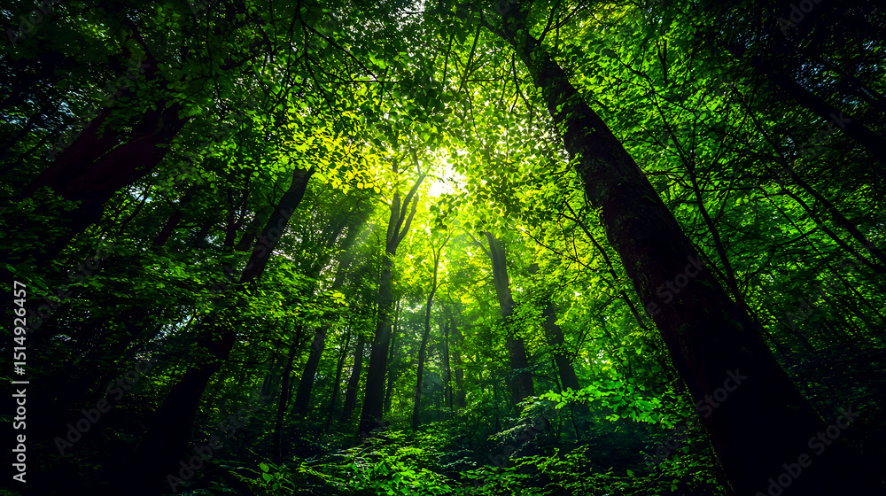 Obraz premium Dark Forest with Low Light Filtering Through Trees