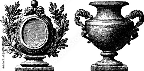 Engraved illustration of mosaic tile and fresco designs with classic urn and laurel wreath