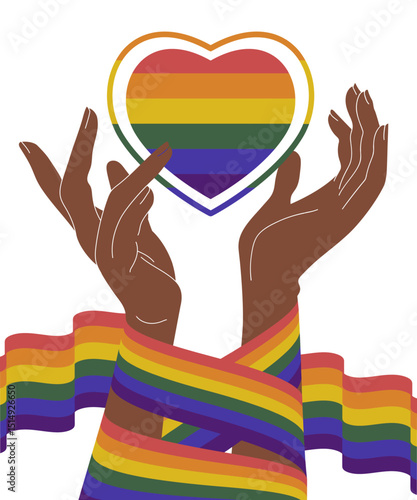 Hands holding heart lgbt sticker. Take care love concept, supporting LGBTQ community