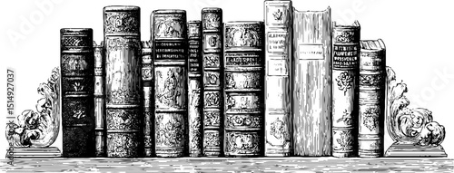 Vintage engraved bookshelf with classic literature and ornate book covers
