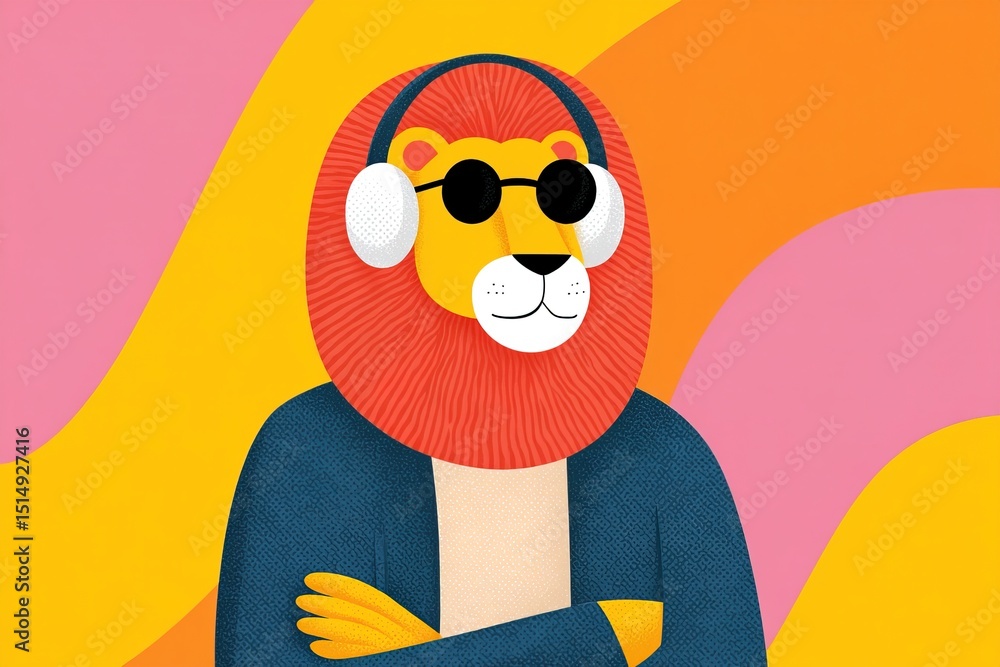 Fototapeta premium Cool lion in vibrant colors wearing sunglasses and headphones