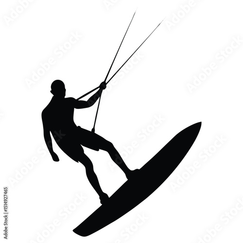 Silhouette illustration of a kite surfer riding waves in a sporty watersports activity