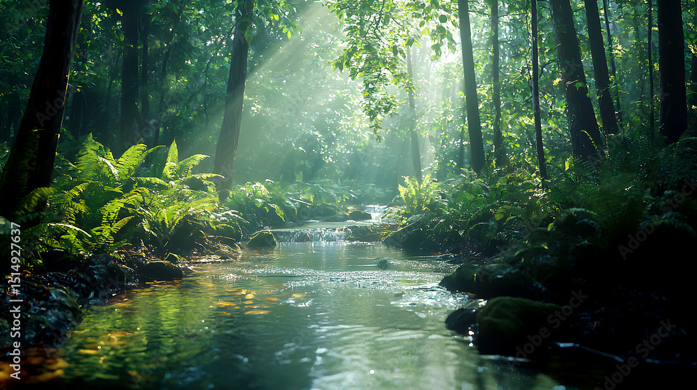 Obraz premium Bright Forest Stream with Sunlight Filtering Through Trees