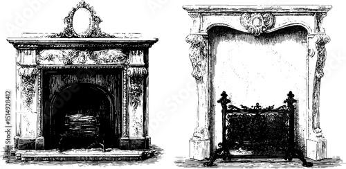 Elegant ornamental fireplace engravings for classic interior design and art collections