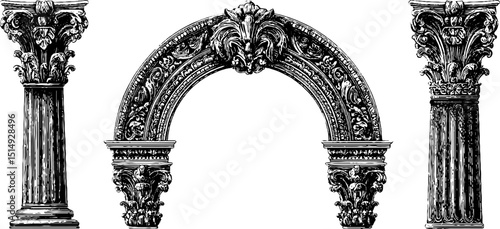 Vintage engraved ornate archway and columns set for architectural design and decoration