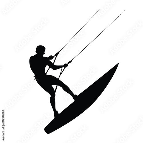 Silhouette of a kite surfer performing a dynamic maneuver against a white background
