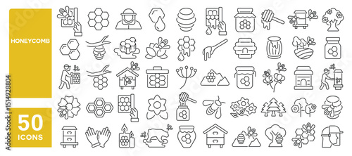 Set of 50 line icons related to honeycomb, honey, beekeeper, wax, beekeeping, bumble, bee hive, apiary, apiculture, Editable stroke. Vector illustration