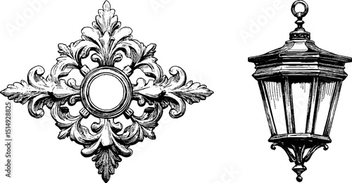 Ornate ceiling medallion and vintage lantern design elements for decorative projects