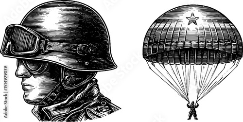 Vintage engraved illustrations of paraglider and parachutist helmet for adventure design