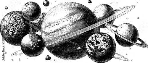 Vintage engraved illustration of overlapping celestial bodies and rings