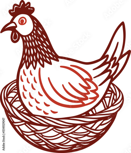 Hen Sitting on Nest Vector – Line Art Illustration of Chicken Laying Eggs for Farm and Agriculture Design