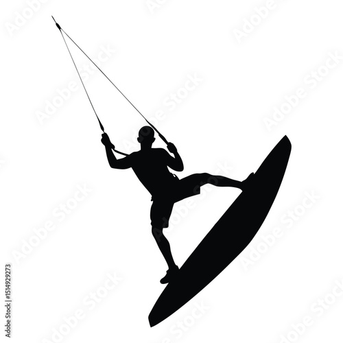 Silhouette of a kite surfer performing an aerial maneuver against a white background