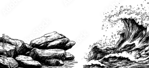Engraved coastal illustration featuring rising tide with rocky shore elements