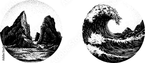 Engraved coastal landscape and ocean wave illustration set for design and print