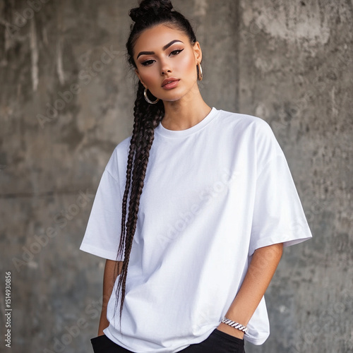 hip hop rapper model attractive woman mockup, female wearing oversized , Bella Canvas t - shirt in blank 