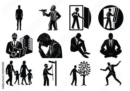 This collection features various black vector silhouettes and icons of business people, families, and individuals engaged in work or walking, perfect for diverse design needs