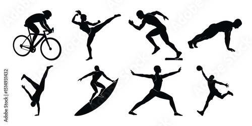 Dynamic vector silhouettes of people playing sports like soccer, basketball, and running, including dancing girls and male athletes in action, are perfect for diverse design needs