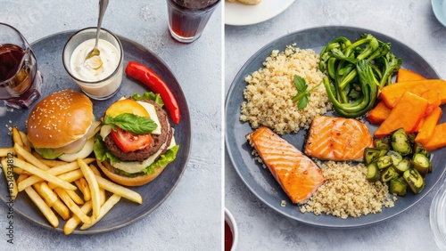 This image features a split comparison of a fast food meal versus a healthy diet option, showcasing vibrant ingredients, presentation styles, and nutrition.