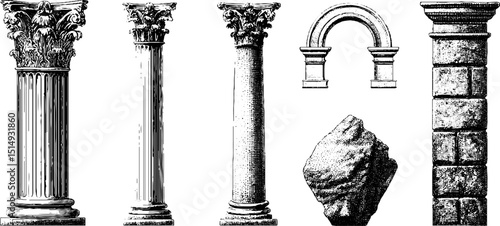 Engraved illustration set of roman columns and arch for historical design projects