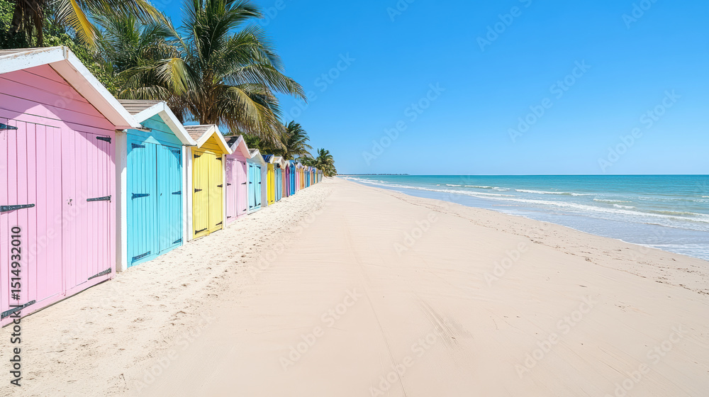 Obraz premium Colorful beach huts line empty sandy shore under clear blue sky, creating serene atmosphere
