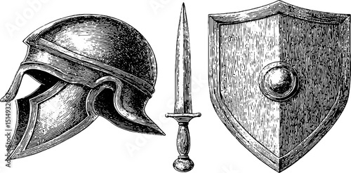 Engraved illustration set featuring roman helmet sword and shield for historical design