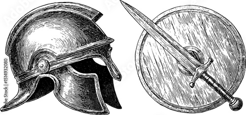 Engraved illustrations of roman helmet, sword, and shield for historical design