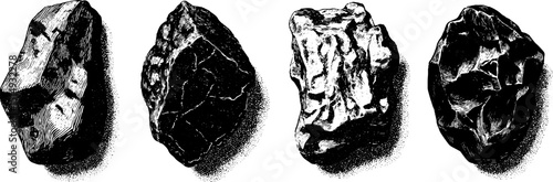 Engraved volcanic rock illustration set for geological art and design