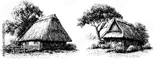 Engraved illustration set of rustic rural village scenes with traditional thatched cottages
