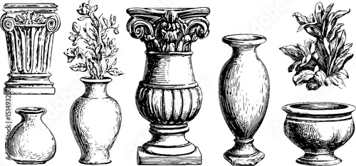 Classic engraved illustrations of sculptures and statues for artistic design