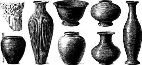 Engraved antique sculpture statue collection. Illustration set design with classic art vase. Historic drawing vintage ornate decoration cultural artistic sketch.