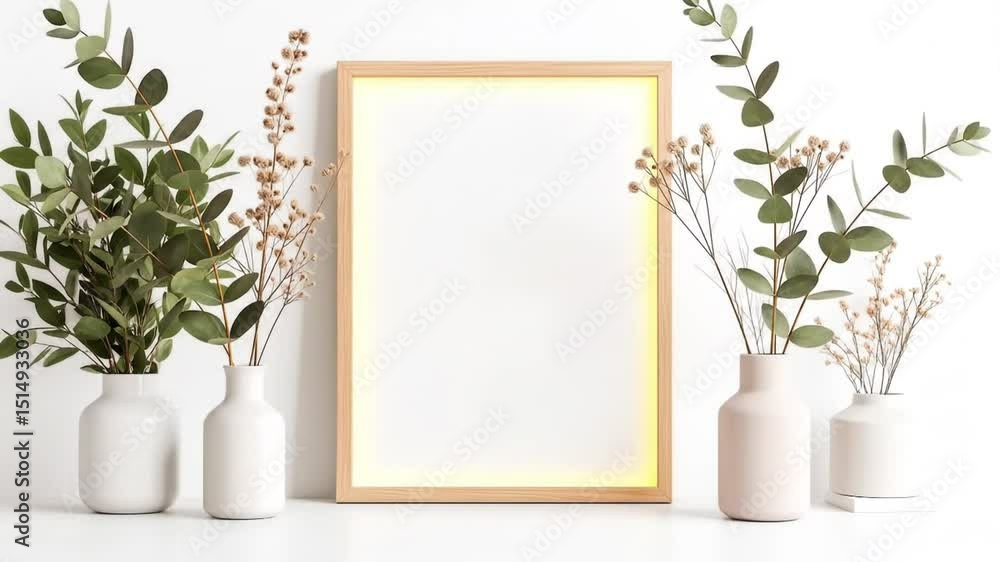 Minimalist frame mockup with plants and lighting for decoration and design Minimalist frame mockup with plants and lighting for decoration and design