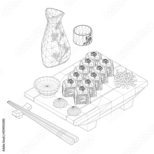 A plate of sushi with chopsticks and a bottle of soy sauce. Concept of Japanese culture and the importance of sharing food with others
