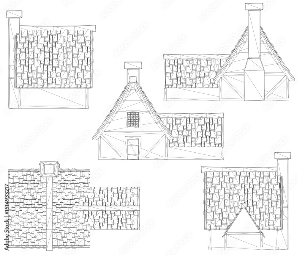 Fototapeta premium The image is a series of drawings of different types of roofs. The drawings are all in black and white and show the roofs from different angles. Scene is somewhat somber