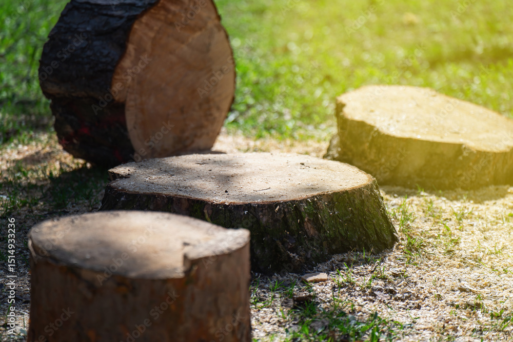 Freshly cut tree stump with wood chunks nearby, showcasing recent tree removal and raw timber pieces Freshly cut tree stump with wood chunks nearby, showcasing recent tree removal and raw timber pieces