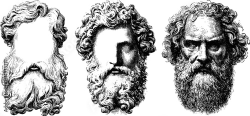 Engraved illustration set of silky hair strands in classical style for art and design
