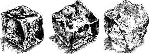 Engraved illustration set of solid ice cubes for design and decoration