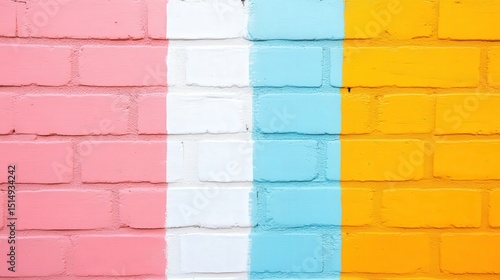A brick wall painted in vertical stripes of pink, white, blue, and yellow.