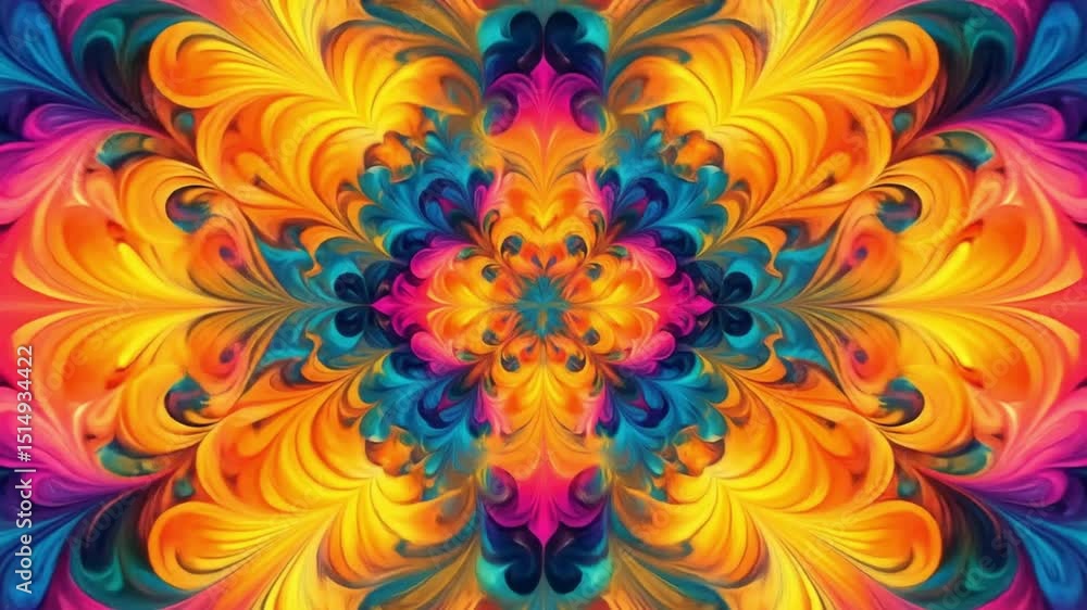 Psychedelic kaleidoscope animation featuring vibrant colors and symmetrical patterns Psychedelic kaleidoscope animation featuring vibrant colors and symmetrical patterns