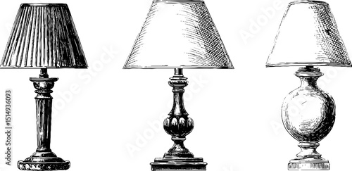 Engraved vintage table lamp interior design. Antique retro classic home decor lighting style. Decorative art engraving illustration set black bol detailed.