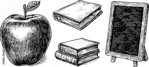 Vintage education elements with chalkboard, books, and apple for education design