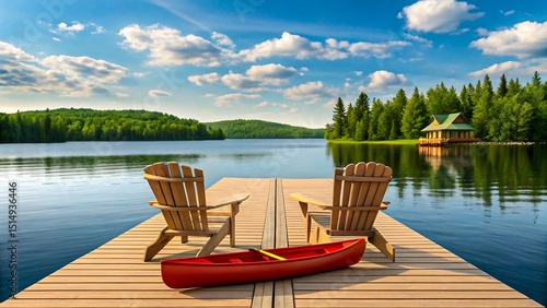 Peaceful lakefront dock with Adirondack chairs, red canoe, and forest cabin under blue sky with clouds

