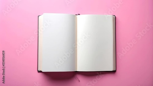Open book with blank pages turning on a pink surface representing ideas and creation